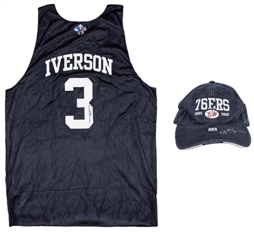 2001-02 Allen Iverson Practice Signed All Star Warm Up Jersey with a 01-02 Iverson Signed 76ers Hat (JSA)